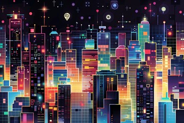 A colorful painting of a city at night, illuminated by vibrant lights against a dark sky. Generative AI