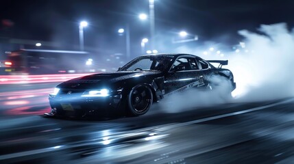illustration of a black sports car drifting on a city street with smoke at night. Ai generated