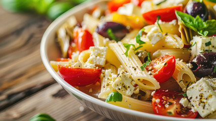 Mediterranean pasta salad with cherry tomatoes, olives, artichokes, and feta cheese, Cafe setting with natural light