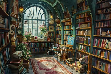 A painting showing a library filled with books and a window, capturing a cozy and intellectual atmosphere. Generative AI