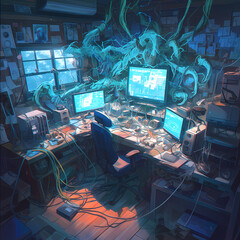 A gamer's haven where the spirit of virtual adventures thrives in an otherworldly sanctuary.