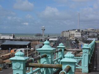 Decorative metal railings on the background of a sea city