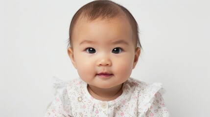 Naklejka premium A Lovely Asian Baby Girl Posed On A White Background, Her Innocence Captured In The Portrait,High Resolution