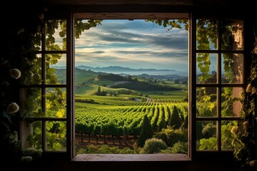 Scenic vineyard landscape seen through an open window at sunset, with lush green rows