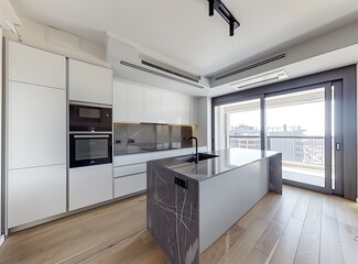 Modern kitchen interior in a minimalist style, with white cabinets 