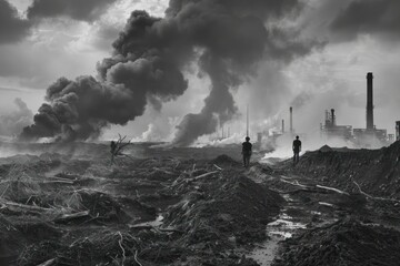 Fototapeta premium Scene is somber and bleak, as the landscape is barren and polluted. environmental pollution concept