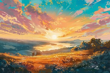 A painting depicting a colorful sunset over a hill, with vibrant hues blending in the sky. Generative AI