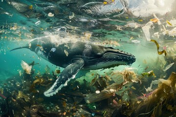 A whale is swimming in a sea of garbage. environmental pollution concept