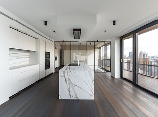 Modern kitchen interior, white cabinets and marble island in the center of the black floor with a wood texture look,