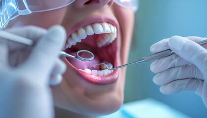 capturing a patient's first-person view of a dentist examining teeth with a mirror and probe, focusing on the routine check-up process, Dentist, Dental Equipment, Cleaning, Teeth,