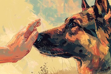 A German Shepherd dog gently pets a persons hand in a heartwarming moment of connection and affection. Generative AI