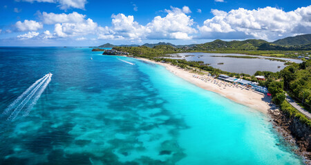 Panoramic aerial view of the beautiful Darkwood Beach at the Caribbean island of Antigua with...