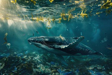Fototapeta premium A whale is swimming in the ocean with a lot of trash floating around it. environmental pollution concept
