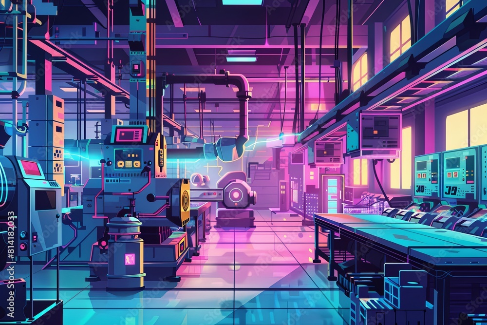Poster an illustration of a digital factory bustling with neon lights, advanced machinery, and futuristic t