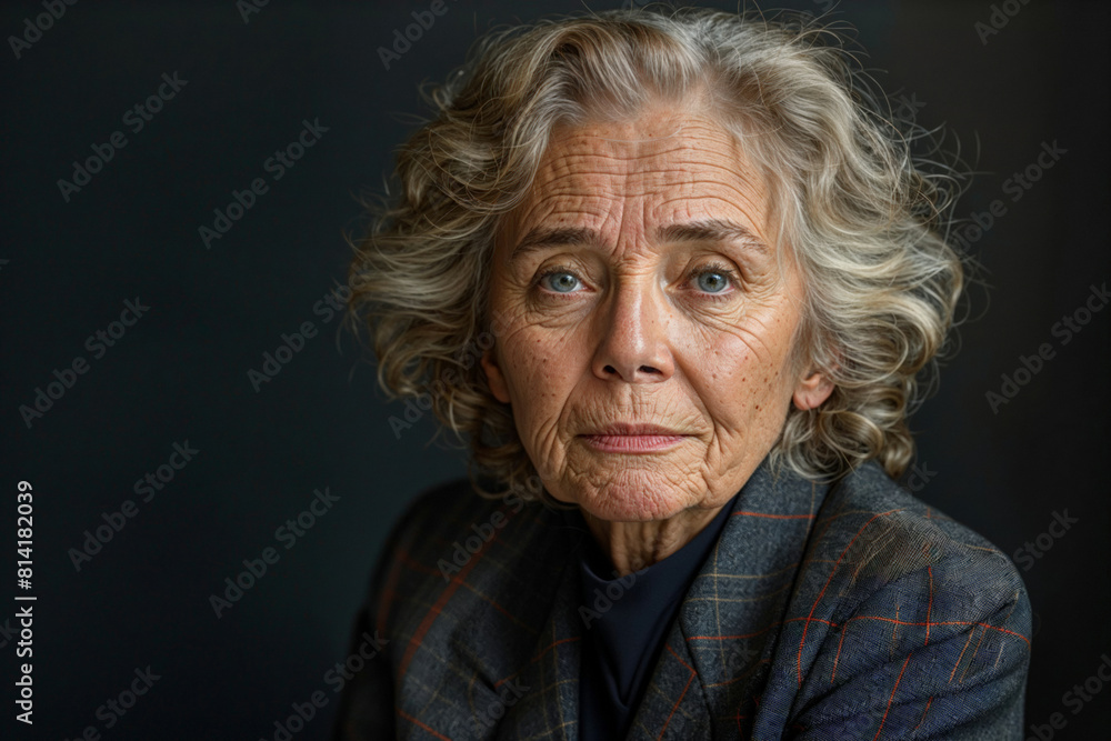 Sticker Elegant senior woman posing against dark grey blank background, for marketing campaign