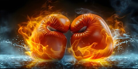 Dynamic Contrast: Boxing Gloves Ablaze and Frozen. Concept Sporting Gear, Opposing Elements, Fire and Ice, Visual Tension, Extreme Contrast