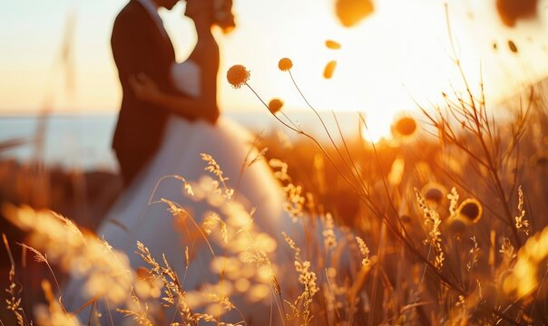 Wedding photo at sunset by the beach