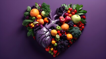 Fresh fruits, veggies, and plants are arranged in an abstract, realistic illustration of a human heart set against a deep purple backdrop. Artificial Intelligence