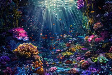 This underwater scene features vibrant corals in various hues surrounded by a diverse array of fish swimming gracefully. Generative AI