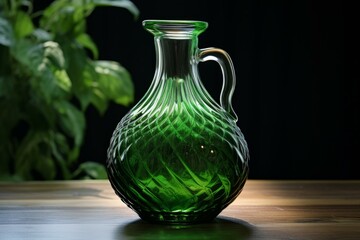 Beautifully designed green glass pitcher sits on a wooden table, illuminated by soft light against a dark background
