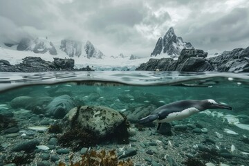 A penguin is swimming in a body of water between rocks
