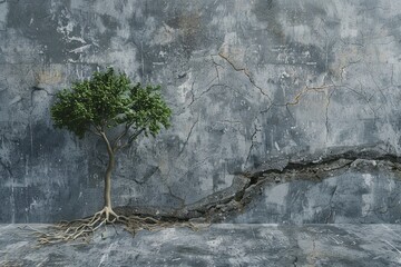 A tree breaking through a crack in a concrete wall showing resilience and growth. Generative AI