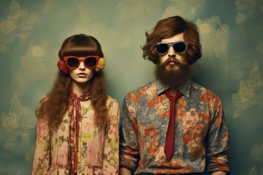 Fashion-forward couple posing with vintage floral patterns and unique accessories