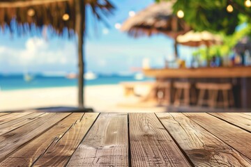  focus is on the wooden texture of a tabletop at a beachside bar, with a blurred background revealing thatched umbrellas, tropical trees, and the calm blue sea on a sunny day, holiday
