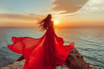 blurred background, backlight. beautiful Woman in a long red dress wals along the sea cost