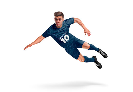 A Soccer Player Jumping with Uniform Mockup 