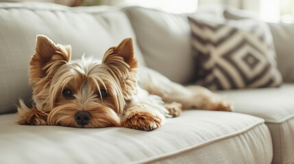 Photo of a cute Yorkshire Terrier dog lying on a light sofa and looking at the camera