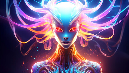 Digital artwork illustration concept of a mystical alien creature with glowing skin and red eyes. Generative AI.