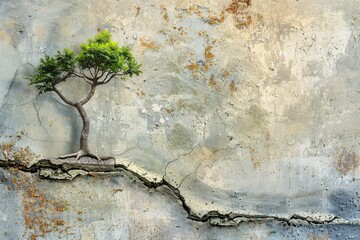 A tree breaking through a crack in a concrete wall, showcasing natures resilience in an urban environment. Generative AI