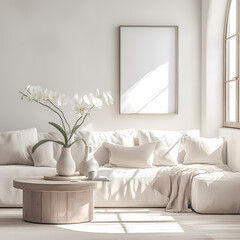 A serene and stylish minimalist living room bathed in natural light, featuring a sleek white sofa, wooden coffee table, and elegant decorations.