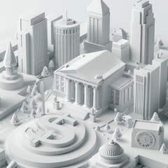 Snowy Monochromatic Cityscape with Financial Symbols and Classic Architecture