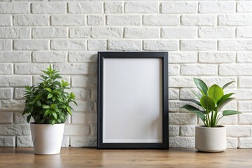 Mockup frame with houseplants on wooden table near brick wall