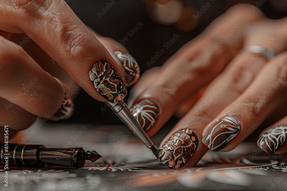 Wall mural a nail technician's hands meticulously applying intricate nail art designs - Wall murals