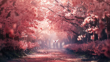 A paper plane flying through a tunnel of blooming cherry blossom trees in a peaceful garden.