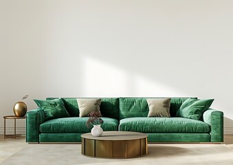 Modern living room interior with a green sofa and coffee table near a white wall mock up, 3D rendering of an empty space for a text stock photo contest winner, high resolution image