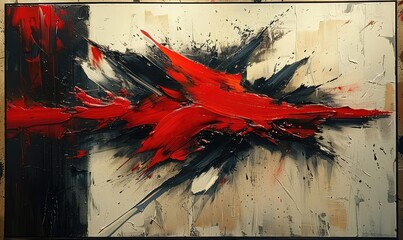 Dynamic abstract painting, bold red strokes, sharp focus, modern art gallery setting