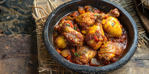 Fototapeta premium Moambe Chicken on a rustic wooden table, Congolese national dish, Chicken stewed in palm nut sauce, Homely presentation