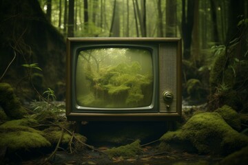 Old-fashioned tv set stands amidst a mystical forest, blending nature with retro technology
