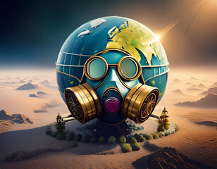 Planet Earth with gas mask struggling to breathe