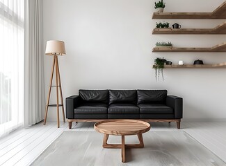 Modern living room with a black leather sofa and wooden coffee table, white walls and floor, 