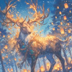 Mystical Antlered Deer in Blossoming Woodland with Floating Lanterns and Glowing Aura