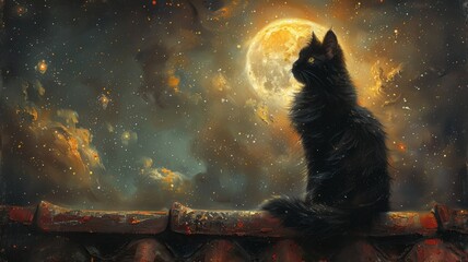 A black cat is sitting on a fence under the full moon. The cat is looking up at the moon. The night sky is dark and full of stars. - Powered by Adobe