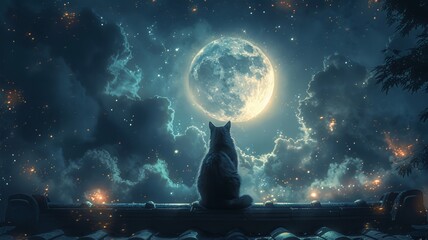 A cat is sitting on a fence under the full moon. The cat is looking up at the moon. The sky is dark and there are stars in the sky. The cat is black and white.