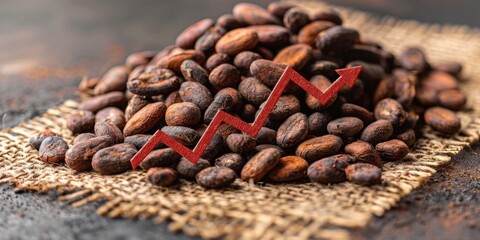 Rising demand in the global cocoa market represented by arrow graph on cocoa beans