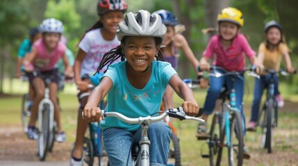 Fototapeta premium Wheelie Fun: Children Share Joy and Camaraderie on a Bike Ride (Social Aspects of Cycling)