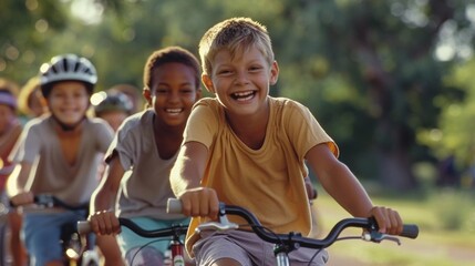 Obraz premium Wheelie Fun: Children Share Joy and Camaraderie on a Bike Ride (Social Aspects of Cycling)